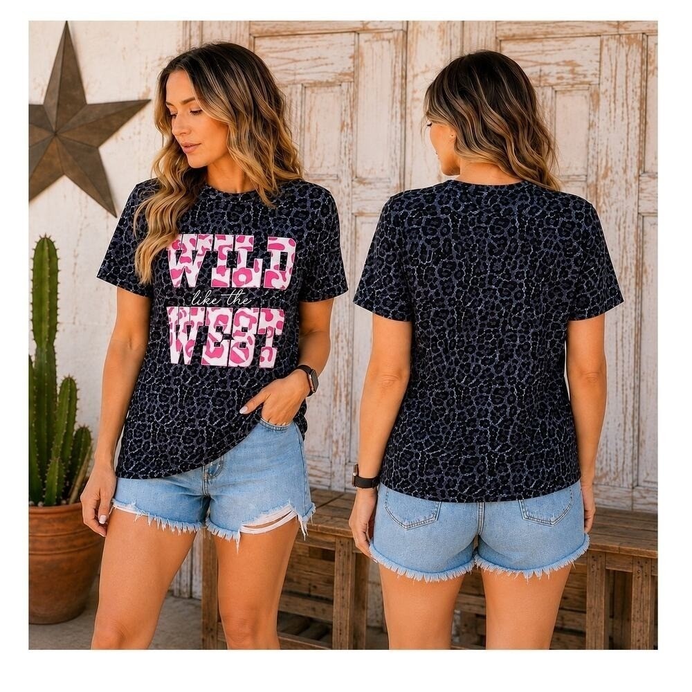 Wild Like The West Leopard Print Western Cowgirl Graphic T-Shirt NIP Large